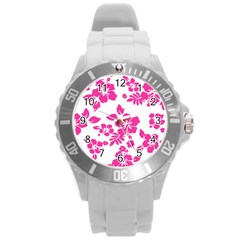 Hibiscus Pattern Pink Round Plastic Sport Watch (l) by GrowBasket