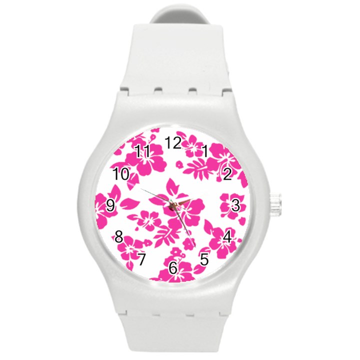 Hibiscus pattern pink Round Plastic Sport Watch (M)