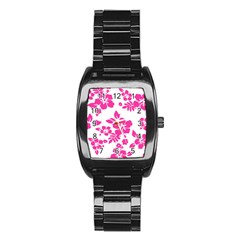 Hibiscus Pattern Pink Stainless Steel Barrel Watch by GrowBasket