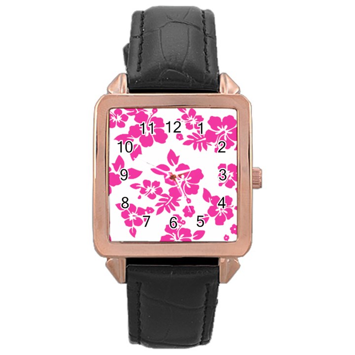 Hibiscus pattern pink Rose Gold Leather Watch 