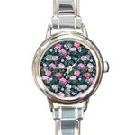 Delicate Watercolor Peony Round Italian Charm Watch Front