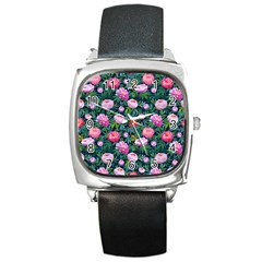 Delicate Watercolor Peony Square Metal Watch by SychEva