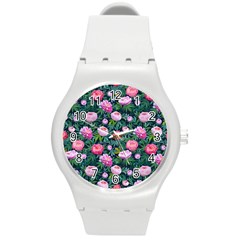 Delicate Watercolor Peony Round Plastic Sport Watch (m) by SychEva