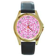 Pink Petals Round Gold Metal Watch by LW323