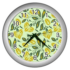 Folk Floral Pattern  Abstract Flowers Surface Design  Seamless Pattern Wall Clock (silver) by Eskimos