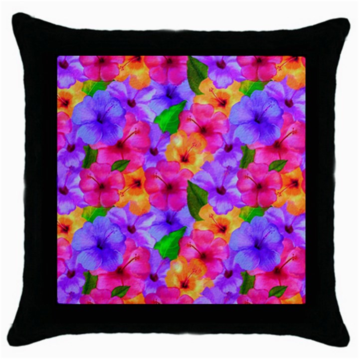 Watercolor Flowers  Multi-colored Bright Flowers Throw Pillow Case (Black)