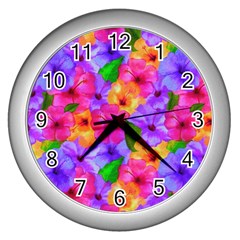 Watercolor Flowers  Multi-colored Bright Flowers Wall Clock (silver) by SychEva