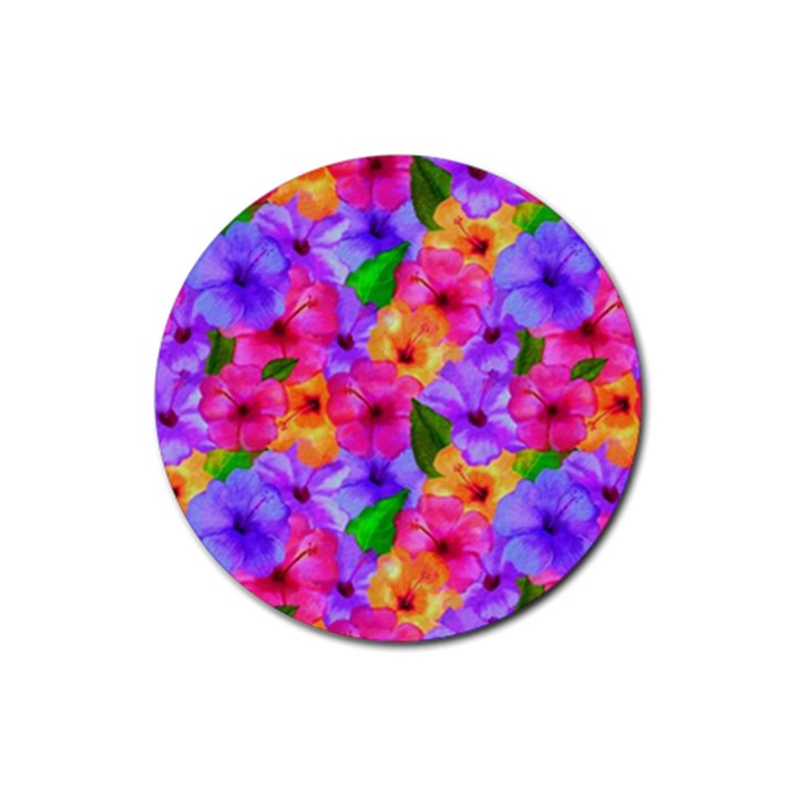 Watercolor Flowers  Multi-colored Bright Flowers Rubber Round Coaster (4 pack) 