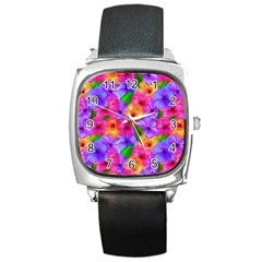 Watercolor Flowers  Multi-colored Bright Flowers Square Metal Watch by SychEva