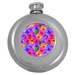 Watercolor Flowers  Multi-colored Bright Flowers Round Hip Flask (5 Oz) by SychEva