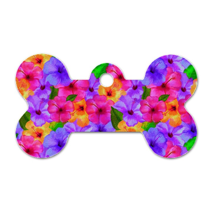 Watercolor Flowers  Multi-colored Bright Flowers Dog Tag Bone (Two Sides)