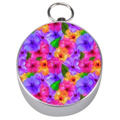 Watercolor Flowers  Multi-colored Bright Flowers Silver Compasses by SychEva