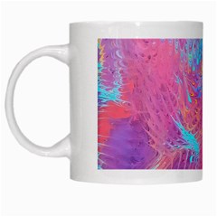 Magenta On Blue Feathers White Mugs by kaleidomarblingart