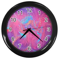 Magenta On Blue Feathers Wall Clock (black) by kaleidomarblingart