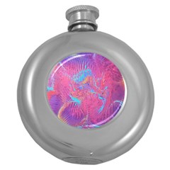 Magenta On Blue Feathers Round Hip Flask (5 Oz) by kaleidomarblingart