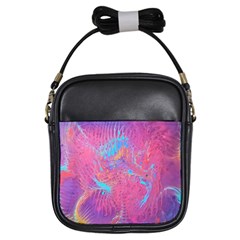 Magenta On Blue Feathers Girls Sling Bag by kaleidomarblingart