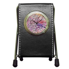 Mixed Media Leaves Pen Holder Desk Clock by kaleidomarblingart