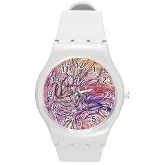 Mixed Media Leaves Round Plastic Sport Watch (m) by kaleidomarblingart