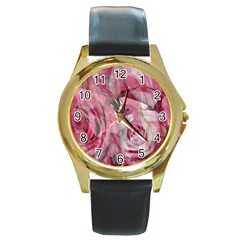 Roses Marbling  Round Gold Metal Watch by kaleidomarblingart