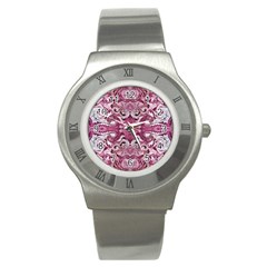 Pink Marbling Symmetry Stainless Steel Watch by kaleidomarblingart