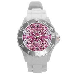 Pink Marbling Symmetry Round Plastic Sport Watch (l) by kaleidomarblingart