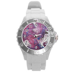 Violet Feathers Round Plastic Sport Watch (l) by kaleidomarblingart