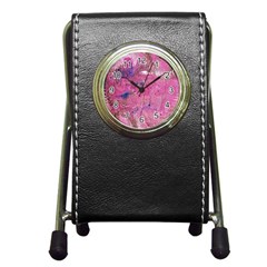 Pink Feathers Pen Holder Desk Clock by kaleidomarblingart