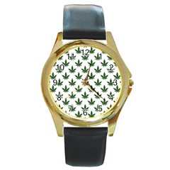 Weed At White, Ganja Leafs Pattern, 420 Hemp Regular Theme Round Gold Metal Watch by Casemiro