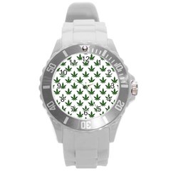 Weed At White, Ganja Leafs Pattern, 420 Hemp Regular Theme Round Plastic Sport Watch (l) by Casemiro