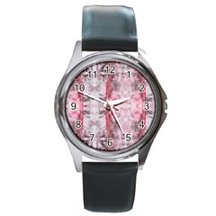 Pink On Grey I Repeats Round Metal Watch by kaleidomarblingart