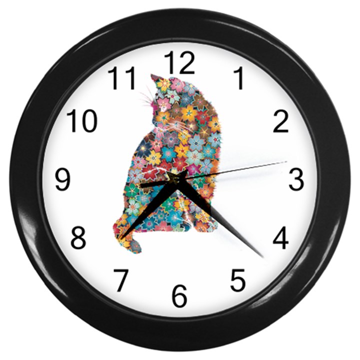 Flower Cat Wall Clock (Black)