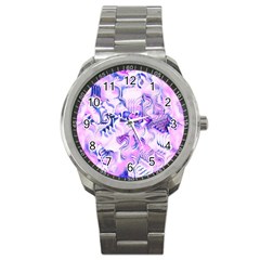 Hydrangea Blossoms Fantasy Gardens Pastel Pink And Blue Sport Metal Watch by CrypticFragmentsDesign