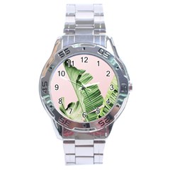 Palm Leaves On Pink Stainless Steel Analogue Watch by goljakoff