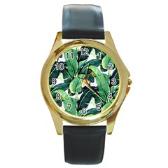 Banana Leaves Round Gold Metal Watch by goljakoff