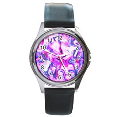 Hot Pink Fuchsia Flower Fantasy  Round Metal Watch by CrypticFragmentsDesign