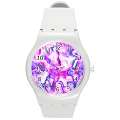 Hot Pink Fuchsia Flower Fantasy  Round Plastic Sport Watch (m) by CrypticFragmentsDesign