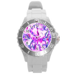 Hot Pink Fuchsia Flower Fantasy  Round Plastic Sport Watch (l) by CrypticFragmentsDesign