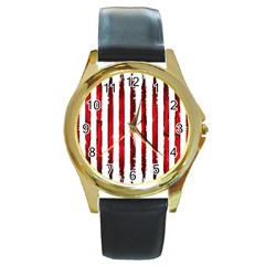 Red stripes Round Gold Metal Watch