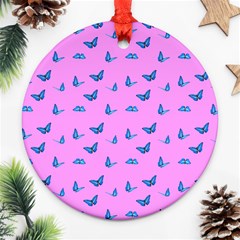 Blue Butterflies At Pastel Pink Color Background Ornament (round) by Casemiro