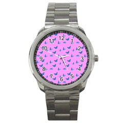 Blue Butterflies At Pastel Pink Color Background Sport Metal Watch by Casemiro