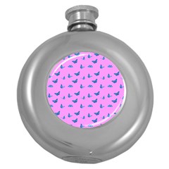 Blue Butterflies At Pastel Pink Color Background Round Hip Flask (5 Oz) by Casemiro