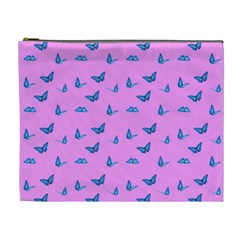 Blue Butterflies At Pastel Pink Color Background Cosmetic Bag (xl) by Casemiro