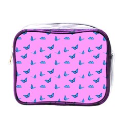 Blue Butterflies At Pastel Pink Color Background Mini Toiletries Bag (one Side) by Casemiro