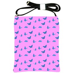 Blue Butterflies At Pastel Pink Color Background Shoulder Sling Bag by Casemiro