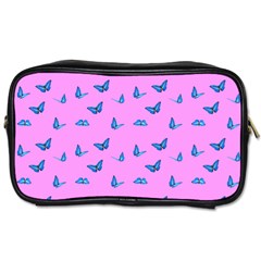 Blue Butterflies At Pastel Pink Color Background Toiletries Bag (two Sides)