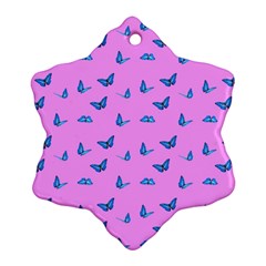 Blue Butterflies At Pastel Pink Color Background Snowflake Ornament (two Sides) by Casemiro