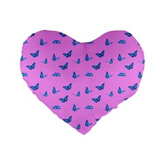 Blue Butterflies At Pastel Pink Color Background Standard 16  Premium Heart Shape Cushions by Casemiro