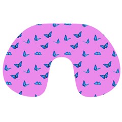 Blue Butterflies At Pastel Pink Color Background Travel Neck Pillow by Casemiro