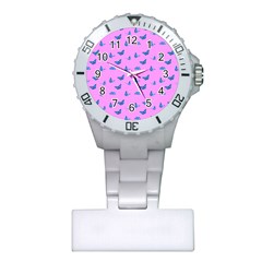 Blue Butterflies At Pastel Pink Color Background Plastic Nurses Watch by Casemiro