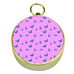 Blue Butterflies At Pastel Pink Color Background Gold Compasses by Casemiro